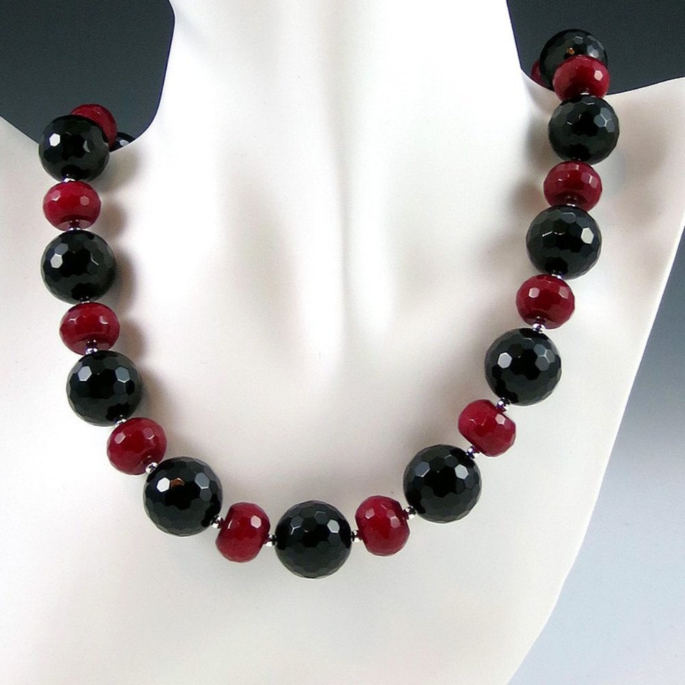 Onyx, Candy Jade, and Sterling Silver Necklace